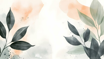 Abstract watercolor background with leafy branches and delicate peach and green washes.