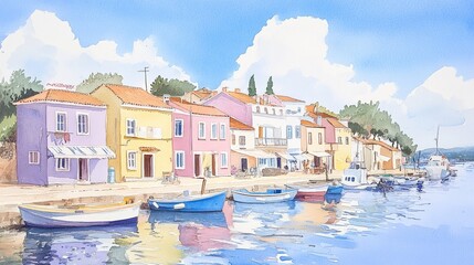 Obraz premium A colorful coastal village where homes pop with hues, street art decorates the walls, and a busy port teems with activity, rendered in dreamy watercolor