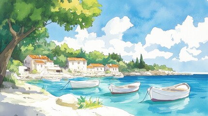 Watercolor illustration of a coastal village in a hidden cove, with vivid boats floating on crystal waters, the village glowing in warm tones