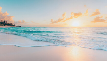 Fototapeta premium Crystal-clear turquoise waters with gentle waves lapping at a pristine beach under a golden sunset