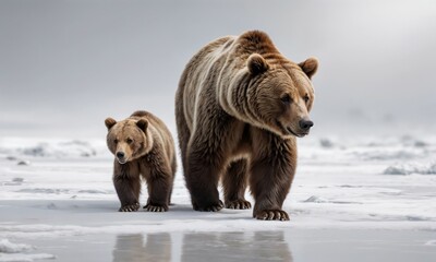 Obraz premium A mother bear along with her adorable cub are walking together in the snow