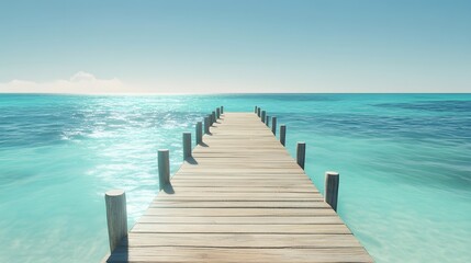 Fototapeta premium Wooden pier stretching into pristine, turquoise sea waters, with sunlight casting gentle shadows on the pier and water, warm, natural light enhancing the clarity of the scene, realistic style with