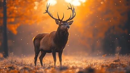 Majestic red deer stag with large antlers stands in an autumn forest, bathed in golden sunlight.