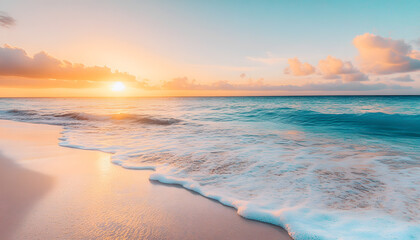 Fototapeta premium Crystal-clear turquoise waters with gentle waves lapping at a pristine beach under a golden sunset
