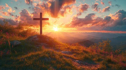 A silhouette of a cross against a vibrant sunset, perfect for Thanksgiving and Halloween themes, with ample copy space for messages of gratitude and spirituality.