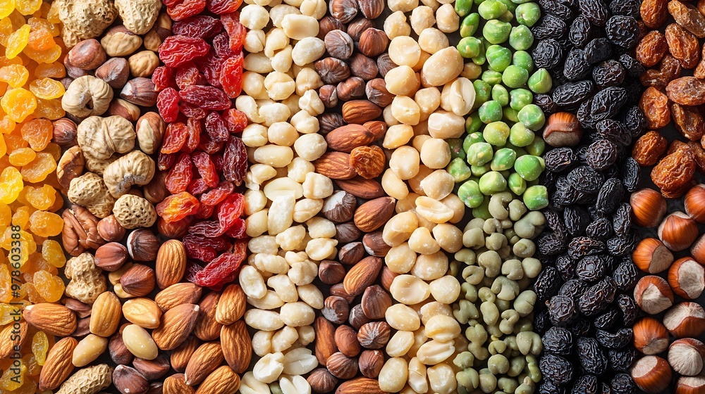 Poster dried nuts and fruits background top view : generative ai