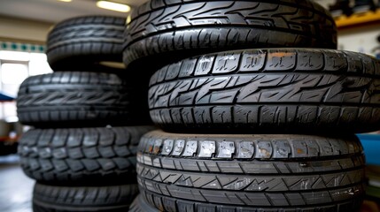 Obraz premium Expert mechanic performs seasonal tire change in garage with tools scattered around tires