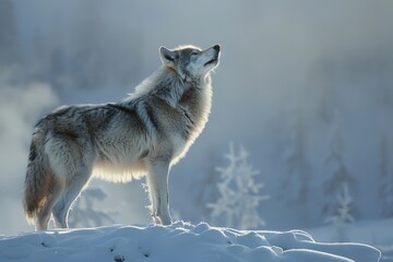 Obraz premium Majestic wolf in snowy landscape at sunrise.