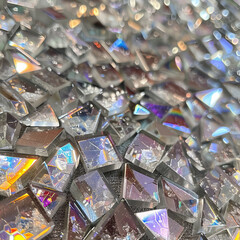 Shimmery reflective crystal patterns create mesmerizing visual effect, showcasing small geometric shapes that sparkle with vibrant colors and light reflections