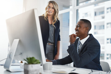 Computer, help and manager with businessman in office for opinion, review or feedback on project. Discussion, technology and mentor with male financial planner for advice on revenue report for client