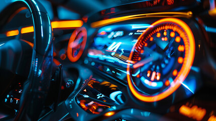 A close-up of the digital dashboard in a high-tech sports car, with the speedometer and controls glowing brightly as the car accelerates.