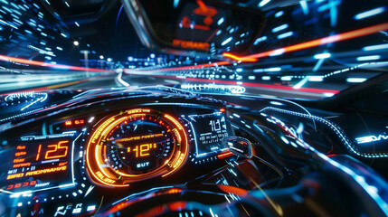 A close-up of the digital dashboard in a high-tech sports car, with the speedometer and controls glowing brightly as the car accelerates.