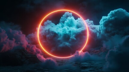 Fototapeta premium A 3D abstract cloud glows with neon light, creating captivating reflections against a dark sky.