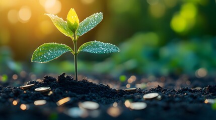 Small tree sprouting from coins, symbolizing financial growth.