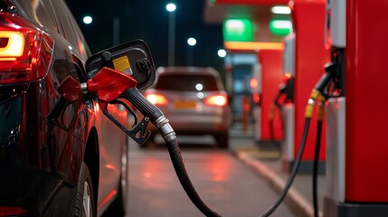 Car refueling at a gas station at night, representing fuel consumption and transportation. Concept of energy, travel, and mobility.