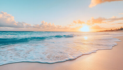 Obraz premium Crystal-clear turquoise waters with gentle waves lapping at a pristine beach under a golden sunset