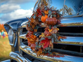 Autumnal wreath with pumpkins on a vintage car grille.