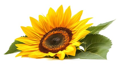 Obraz premium A bright sunflower in full bloom, isolated on whiteThe bold yellow petals and dark center offer a cheerful and clean composition, ideal for summer or nature-themed designs