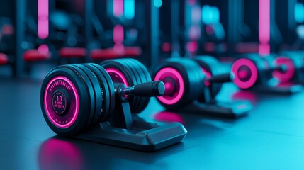 Fototapeta premium Close-up of neon dumbbells in a modern gym. Concept of fitness, strength training, and futuristic workout equipment.