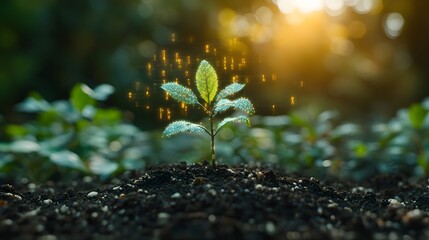 Seedling in sunlight, with data holograms floating around to represent development, profit, and business success.