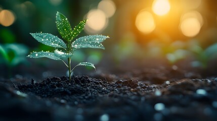 Young seedling in sunlight with digital data holograms highlighting growth, profit, and business success.