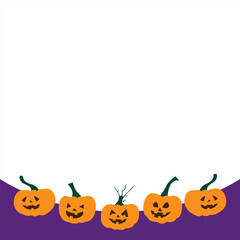 Five carved pumpkins with playful faces line the bottom of a white and purple background, creating a festive Halloween border.
