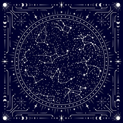 Celestial tarot frame with star constellations map against a dark night sky with stars, framed with patterns of moons, stars, and cosmic symbols, evoking the mysteries of the universe and astrology © Vector Tradition