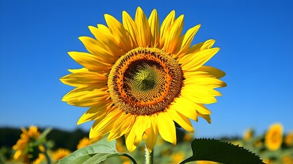 Obraz premium A majestic sunflower, petals glowing under the clear blue sky, leaves spreading wideThe simplicity and vibrancy make it ideal for seasonal designs