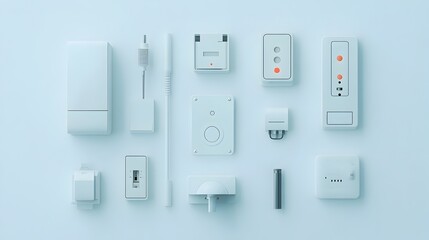 Symmetrical Arrangement of Various Light Switch Types on White Surface