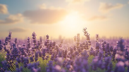 Obraz premium A serene lavender field bathed in sunlight, with deep purple flowers stretching towards a bright, cloudless sky, capturing the essence of relaxation