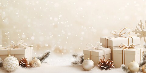 Christmas scene header background with white gift boxes, pine cones, and ornaments in a snowy winter setting