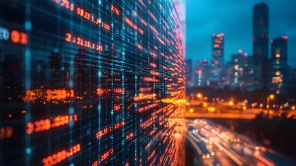 Fototapeta premium Abstract financial data interface overlaying a blurred urban skyline, representing trading and market trends.