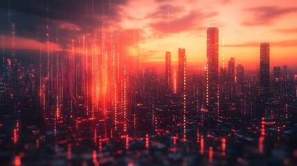 Fototapeta premium Virtual economic graph floating over a blurred city background, representing the future of financial trading.