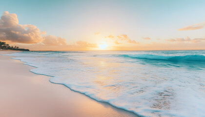 Obraz premium Crystal-clear turquoise waters with gentle waves lapping at a pristine beach under a golden sunset