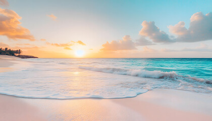 Fototapeta premium Crystal-clear turquoise waters with gentle waves lapping at a pristine beach under a golden sunset