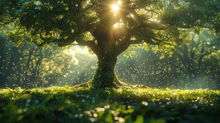 Majestic ancient oak tree with sun rays shining through the foliage in a dreamy forest setting.