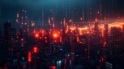 Fototapeta premium Virtual financial data chart on a blurry cityscape, representing modern trading and global market trends.