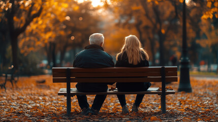A senior man and woman sit together on bench in park surrounded by autumn leaves