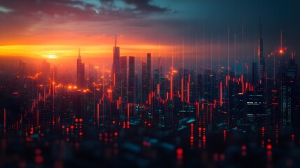 Fototapeta premium Virtual financial data chart on a blurry cityscape, representing modern trading and global market trends.