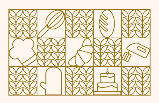 Hand drawn illustration of Bakery and Coffee. Icons. Abstract geometric line background. Gold luxury. Pattern for cover design, food package, menu, background, café wall, coffee shop, web banner