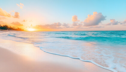 Obraz premium Crystal-clear turquoise waters with gentle waves lapping at a pristine beach under a golden sunset