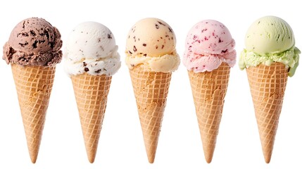 Colorful Assortment of Unique Ice Cream Cone Flavors Arranged in a Delightful Row