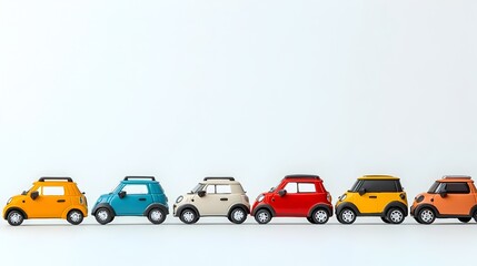 Fototapeta premium Colorful Toy Cars Arranged in Neat Row on White Background