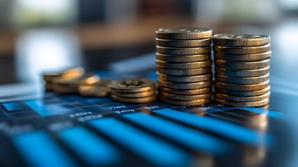 Business growth chart with blue bars and 3D coins in the background, representing financial market profits.