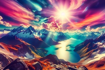 Obraz premium Stunning View of White Peaks Above the Sea, Enhanced by Vibrant Lens Flares