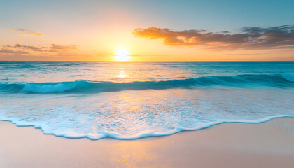 Fototapeta premium Crystal-clear turquoise waters with gentle waves lapping at a pristine beach under a golden sunset