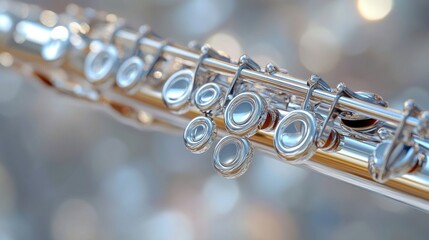Fototapeta premium Close-up of a silver flute showcasing its intricate keys.