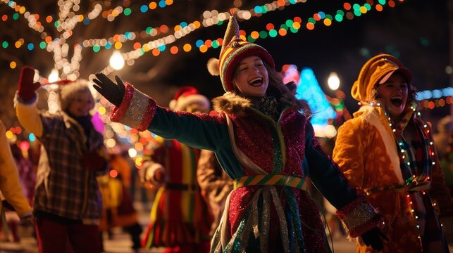 costumed performers waving during a nighttime parade with illuminated costumes and floats. The street is crowded with spectators enjoying the action