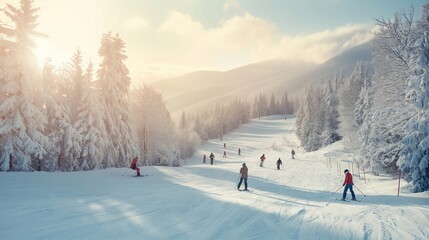 Naklejka premium Extreme people are enjoying a beautiful sunny day practicing winter sports in the mountains. A thick layer of fresh snow covers the landscape. Skiing in the mountains