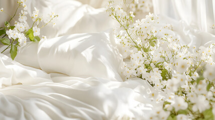 Fototapeta premium bed with crisp, clean sheets, surrounded by blooming flowers, representing the fresh floral scent